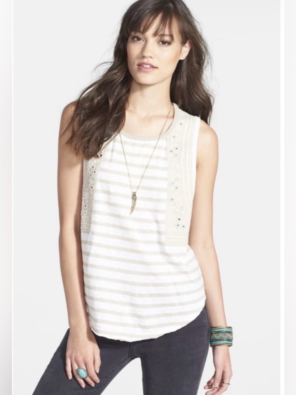 Free People Wear Your Sparkle Striped Tank Top Embroidered Women’s Size S